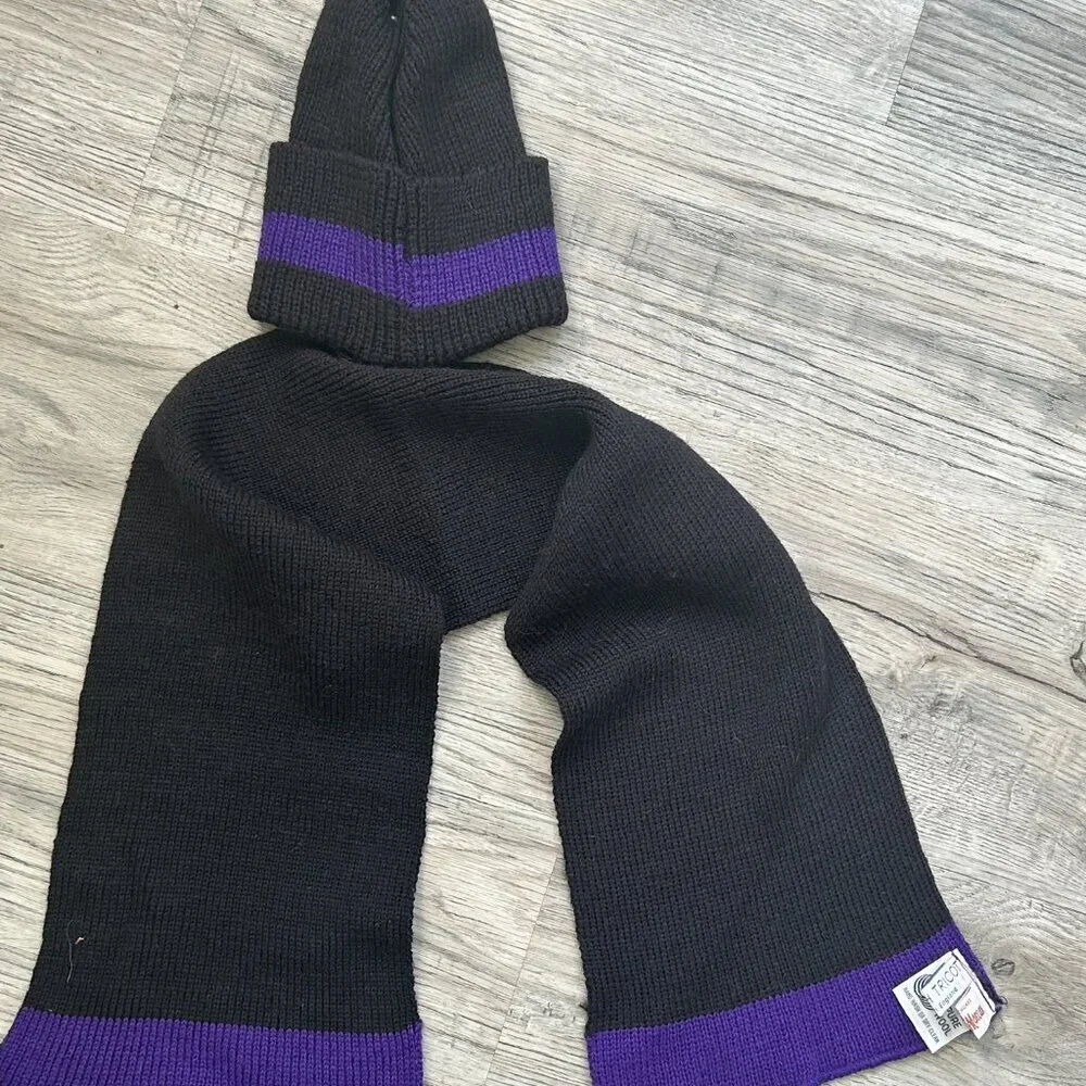 Joseph Tricot Black Tight Knit Scarf & Beanie Set Purple Trim Unisex Winter Warm